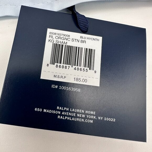 Ralph Lauren Organic‎ Cotton Sateen Border King Size 36" x 20" Sham, White/Blue - Picture 8 of 12